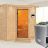 Karibu | Sauna Sahib 1 met Dakkraag | Bronzeglas | Biokachel 9 kW Externe Bediening