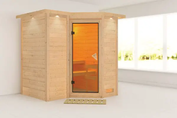 Karibu | Sauna Sahib 1 met Dakkraag | Bronzeglas | Kachel 9 kW Geïntegreerde Bediening