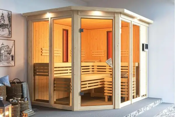 Karibu | Ava Sauna met Dakkraag | Kachel 9 kW Externe Bediening