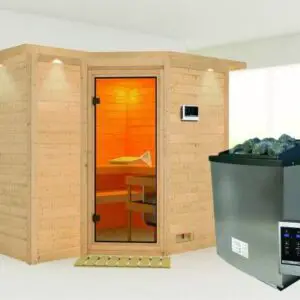 Karibu | Sauna Sahib 2 met Dakkraag | Bronzeglas | Kachel 9 kW Externe Bediening
