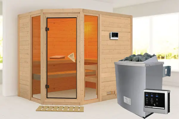 Karibu | Sauna Sinai 3 met Dakkraag | Kachel 9 kW Geïntegreerde Bediening