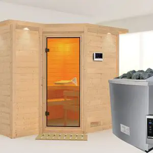 Karibu | Sauna Sahib 2 met Dakkraag | Bronzeglas | Biokachel 9 kW Externe Bediening
