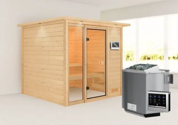 Woodfeeling | Sauna Jutta met Dakkraag | Biokachel 9 kW Externe Bediening