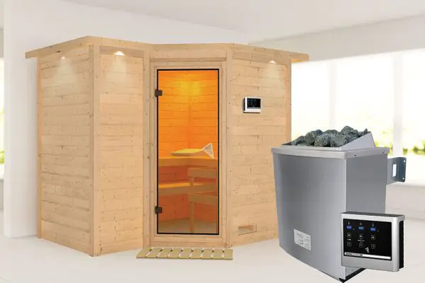 Karibu | Sauna Sahib 2 met Dakkraag | Bronzeglas | Biokachel 9 kW Externe Bediening