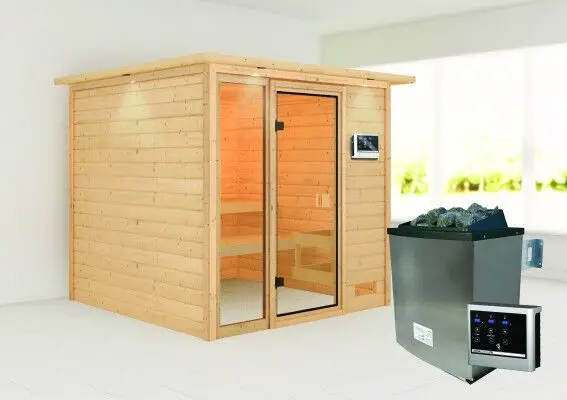 Woodfeeling | Sauna Jutta met Dakkraag | Kachel 9 kW Externe Bediening