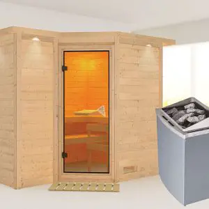 Karibu | Sauna Sahib 2 met Dakkraag | Bronzeglas | Kachel 9 kW Geïntegreerde Bediening