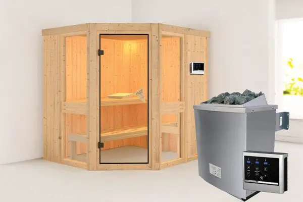 Karibu | Amelia 1 Sauna | Bronzeglas Deur | Biokachel 9 kW Externe Bediening