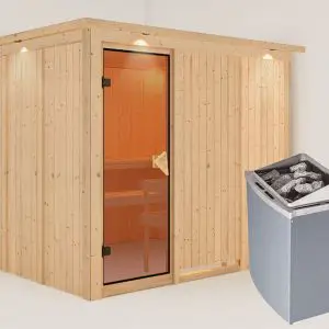 Karibu | Gobin Sauna met Dakkraag | Bronzeglas Deur | Kachel 9 kW Geïntegreerde Bediening