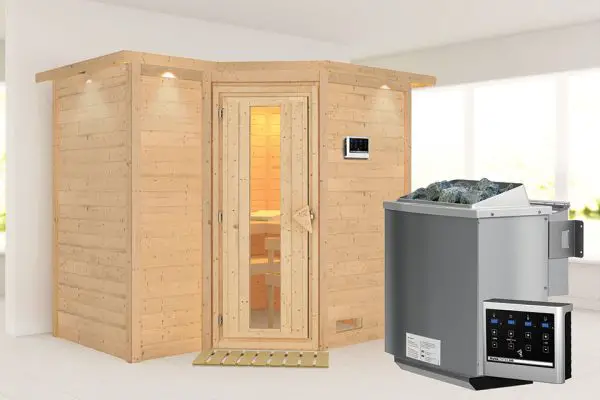Karibu | Sahib 2 Sauna met Dakkraag | Energiesparende Deur | Biokachel 9 kW Externe Bediening