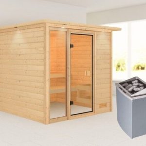 Karibu | Jutta Sauna met Dakkraag | Kachel 9 kW Geïntegreerde Bediening