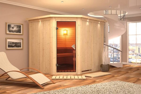 Karibu | Malin Sauna met Dakkraag | Bronzeglas Deur | Kachel 9 kW Geïntegreerde Bediening