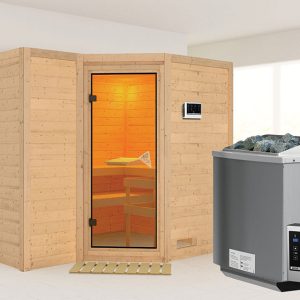 Karibu | Sahib 2 Sauna | Bronzeglas Deur | Biokachel 9 kW Externe Bediening