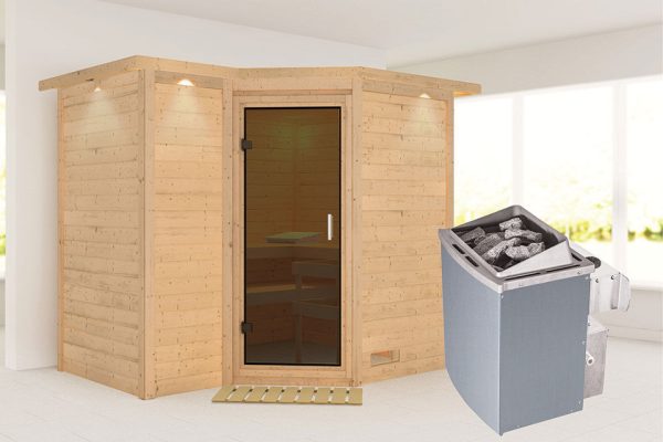 Karibu | Sahib 2 Sauna met Dakkraag | Antracietglas | Kachel 9 kW Geïntegreerde Bediening