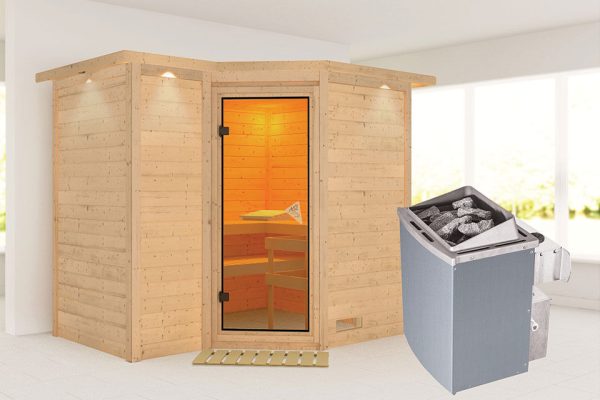 Karibu | Sahib 2 Sauna met Dakkraag | Bronzeglas Deur | Kachel 9 kW Geïntegreerde Bediening