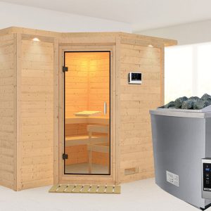 Karibu | Sahib 2 Sauna met Dakkraag | Helderglas Deur | Biokachel 9 kW Externe Bediening