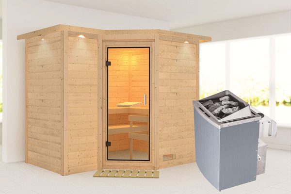 Karibu | Sahib 2 Sauna met Dakkraag | Helderglas Deur | Kachel 9 kW Geïntegreerde Bediening
