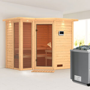 Karibu | Amara Sauna met Dakkraag | Bronzeglas Deur | Biokachel 9 kW Externe Bediening