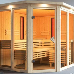 Karibu | Ava Sauna met Dakkraag | Biokachel 9 kW Externe Bediening