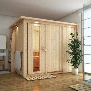 Karibu | Gobin Sauna met Dakkraag | Energiesparende Deur | Kachel 9 kW Externe Bediening