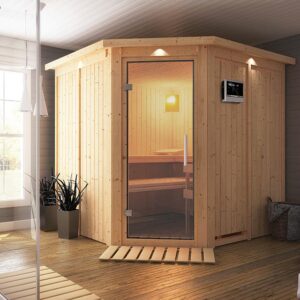 Karibu | Jarin Sauna met Dakkraag | Helderglas Deur | Biokachel 9 kW Externe Bediening