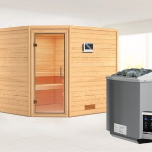 Karibu | Leona Sauna | Helderglas Deur | Biokachel 9 kW Externe Bediening