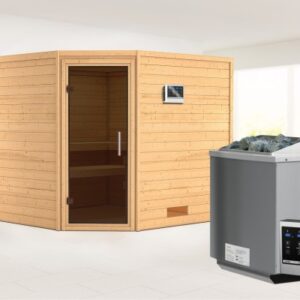 Karibu | Leona Sauna met Dakkraag | Antracietglas | Biokachel 9 kW Externe Bediening