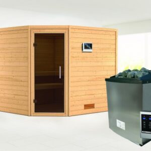 Karibu | Leona Sauna met Dakkraag | Antracietglas | Kachel 9 kW Externe Bediening