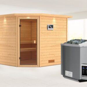 Karibu | Leona Sauna met Dakkraag | Bronzeglas Deur | Biokachel 9 kW Externe Bediening