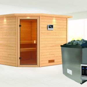 Karibu | Leona Sauna met Dakkraag | Bronzeglas Deur | Kachel 9 kW Externe Bediening