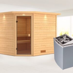 Karibu | Leona Sauna met Dakkraag | Bronzeglas Deur | Kachel 9 kW Geïntegreerde Bediening