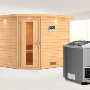 Karibu | Leona Sauna met Dakkraag | Energiesparende Deur | Biokachel 9 kW Externe Bediening