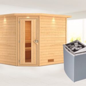 Karibu | Leona Sauna met Dakkraag | Energiesparende Deur | Kachel 9 kW Geïntegreerde Bediening