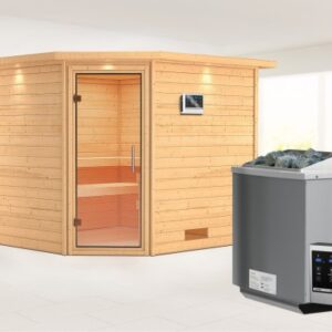 Karibu | Leona Sauna met Dakkraag | Helderglas Deur | Biokachel 9 kW Externe Bediening