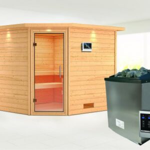 Karibu | Leona Sauna met Dakkraag | Helderglas Deur | Kachel 9 kW Externe Bediening