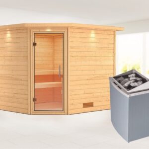 Karibu | Leona Sauna met Dakkraag | Helderglas Deur | Kachel 9 kW Geïntegreerde Bediening