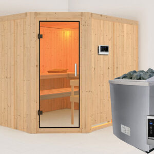 Karibu | Malin Sauna | Helderglas Deur | Biokachel 9 kW Externe Bediening