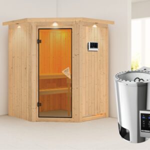 Karibu | Minja Sauna met Dakkraag | Bronzeglas Deur | Biokachel 3