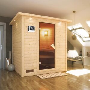 Karibu | Mojave Sauna met Dakkraag | Bronzeglas Deur | Kachel 9 kW Externe Bediening