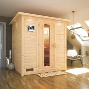 Karibu | Mojave Sauna met Dakkraag | Energiesparende Deur | Biokachel 9 kW Externe Bediening