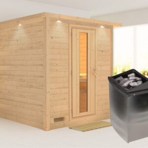 Karibu | Mojave Sauna met Dakkraag | Energiesparende Deur | Kachel 9 kW Geïntegreerde Bediening