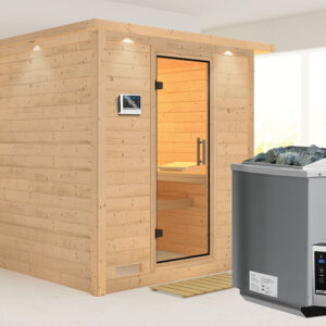 Karibu | Mojave Sauna met Dakkraag | Helderglas Deur | Biokachel 9 kW Externe Bediening