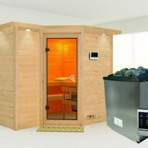 Karibu | Sahib 2 Sauna met Dakkraag | Bronzeglas Deur | Kachel 9 kW Externe Bediening