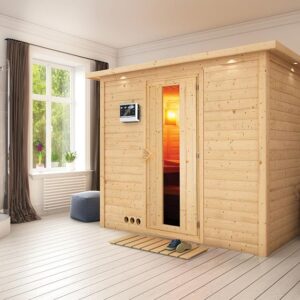 Karibu | Sonara Sauna met Dakkraag | Energiesparende Deur | Biokachel 9 kW Externe Bediening