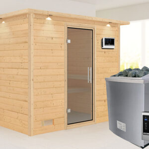 Karibu | Sonara Sauna met Dakkraag | Helderglas Deur | Biokachel 9 kW Externe Bediening