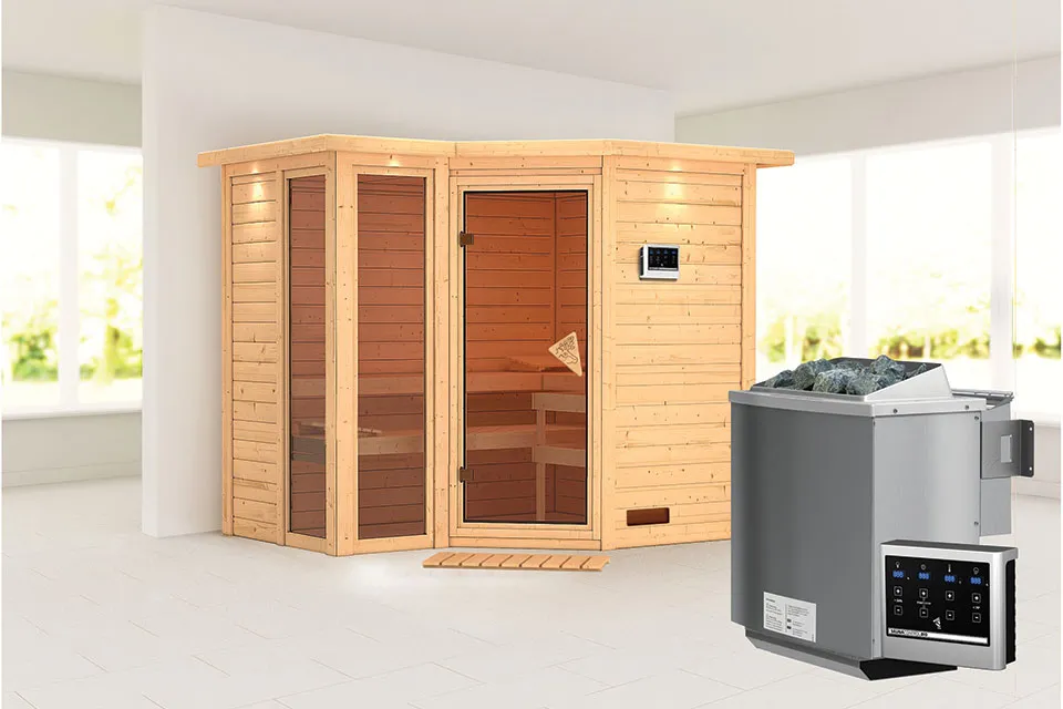 Karibu | Amara Sauna met Dakkraag | Bronzeglas Deur | Biokachel 9 kW Externe Bediening