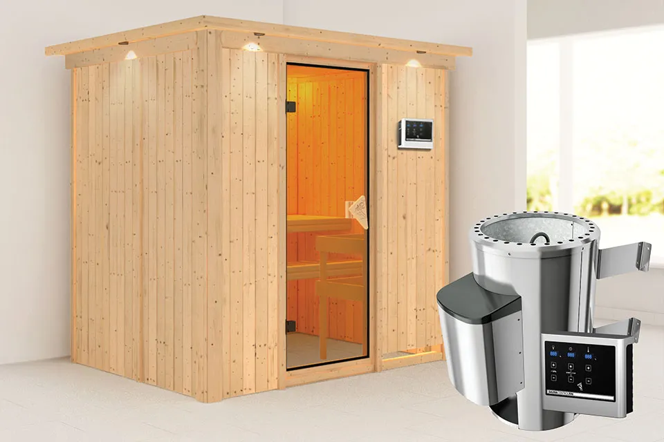 Karibu | Fanja Sauna met Dakkraag | Bronzeglas Deur | Biokachel 3