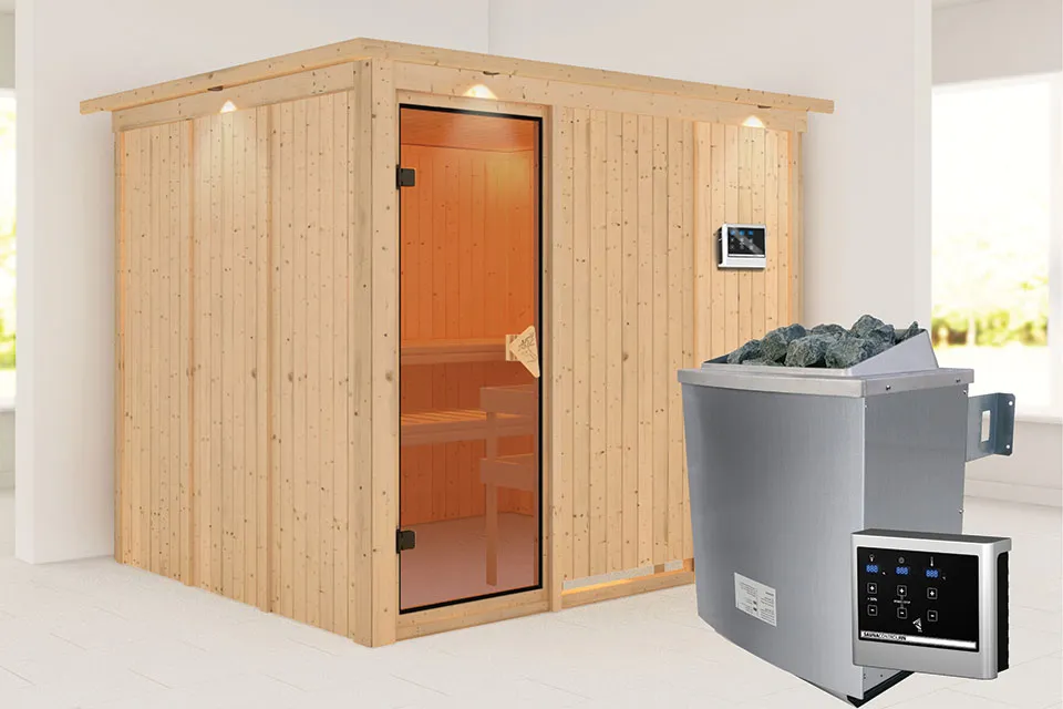 Karibu | Gobin Sauna met Dakkraag | Bronzeglas Deur | Biokachel 9 kW Externe Bediening