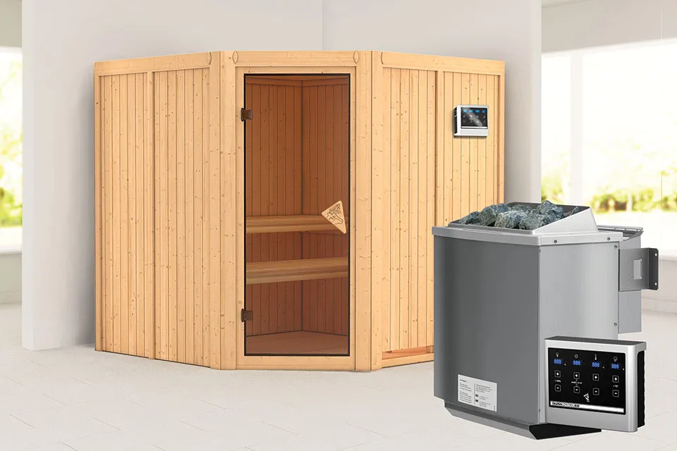 Karibu | Jarin Sauna | Bronzeglas Deur | Biokachel 9 kW Externe Bediening