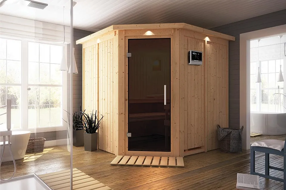 Karibu | Jarin Sauna met Dakkraag | Antracietglas | Biokachel 9 kW Externe Bediening