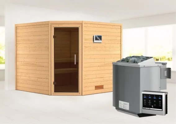 Karibu | Leona Sauna | Antracietglas | Biokachel 9 kW Externe Bediening